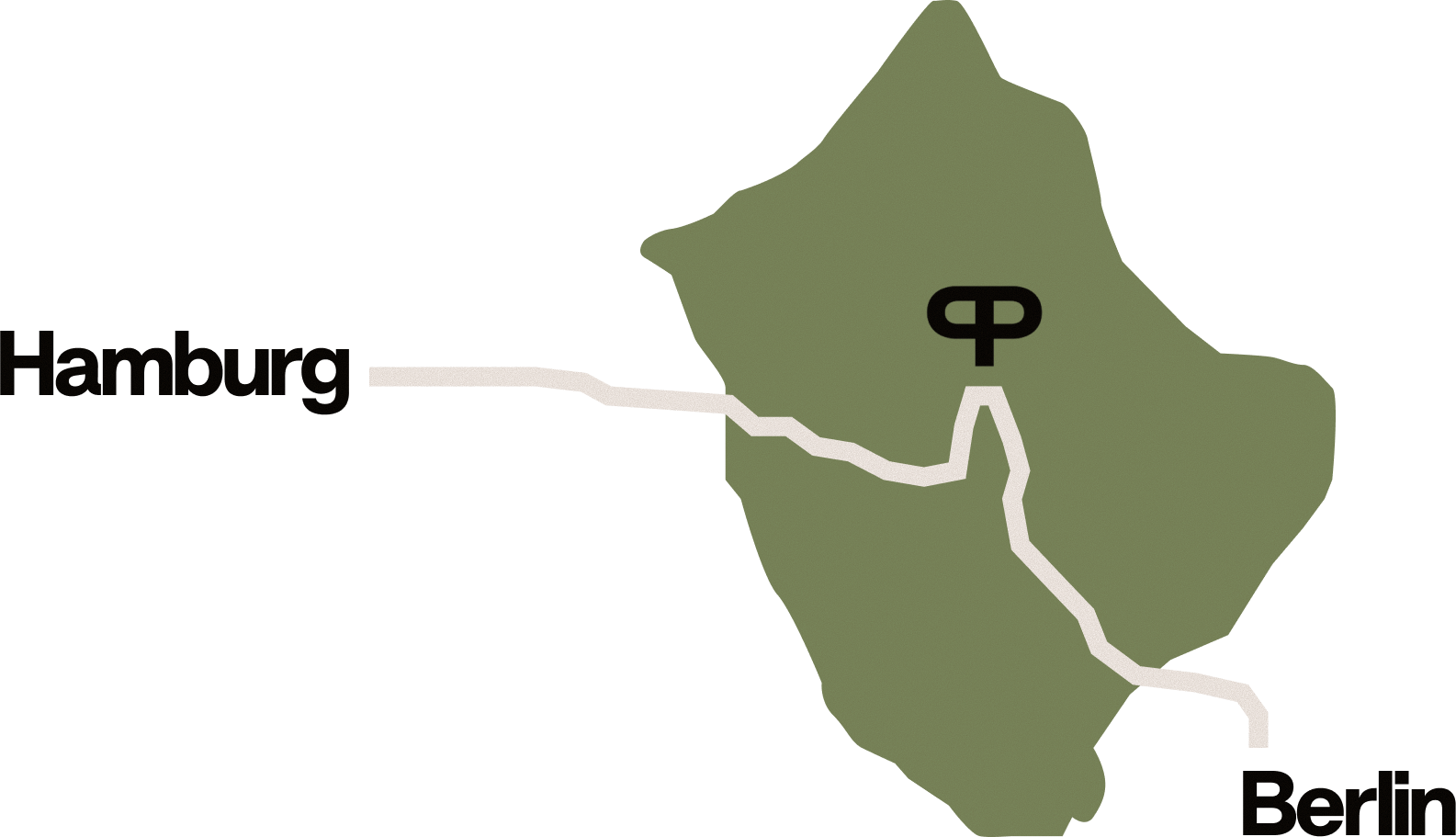 Schematische Karte: Die Plauer-Project-Insel liegt 186 km von Hamburg und 158 km von Berlin entfernt, mit eingezeichneter Route und Standort-Symbol