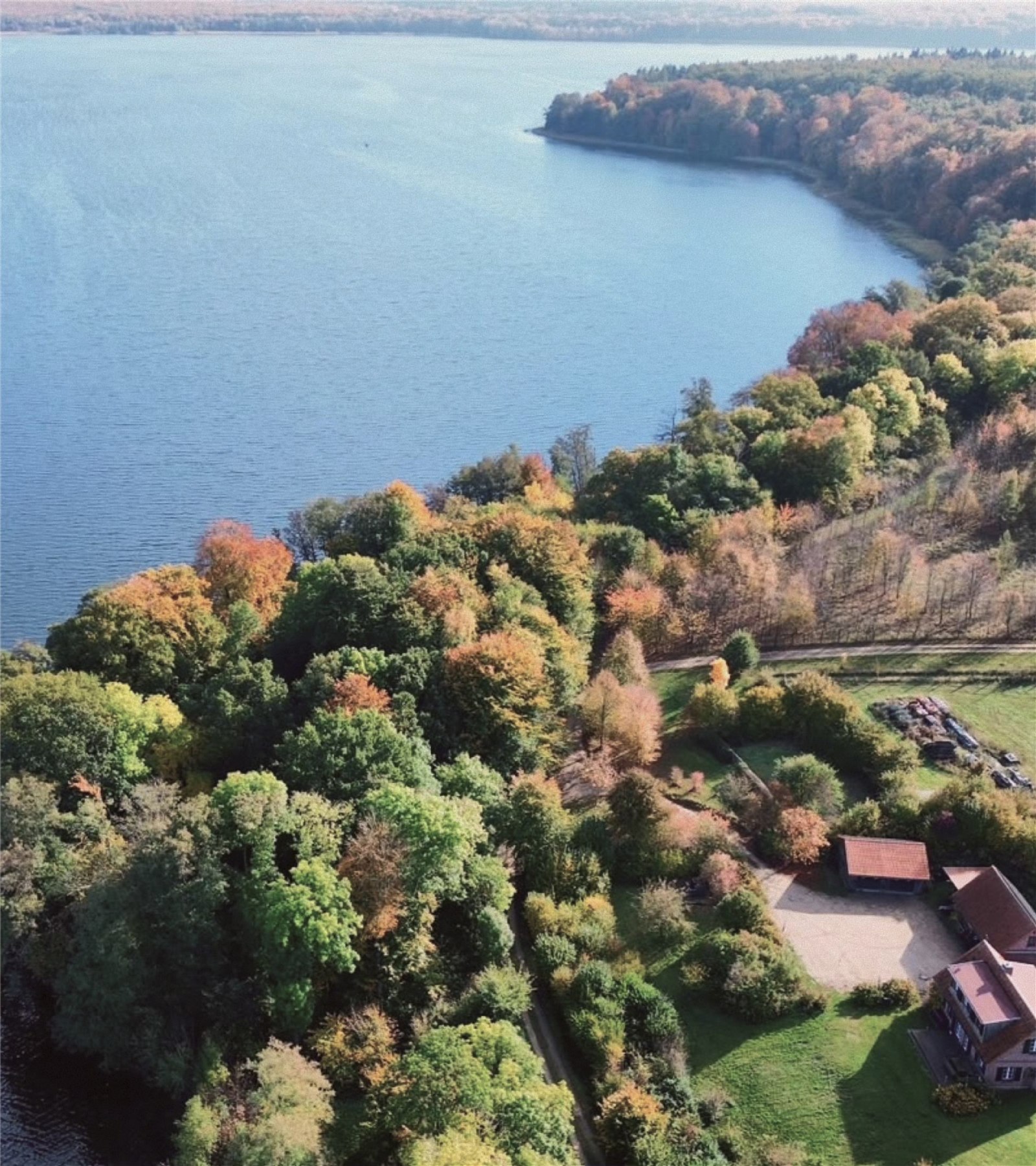 Luftaufnahme der bewaldeten Insel im Plauer See mit angrenzendem Gutshof